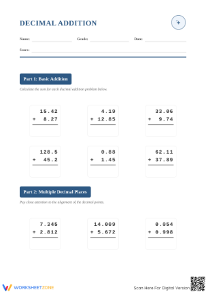 Printable Decimal Addition Worksheet | Complete Grade 5 Math