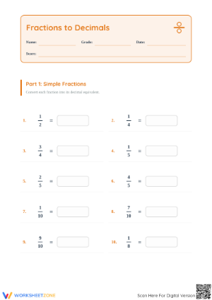 Fraction to Decimal Worksheet | Printable Grade 4-5 Math