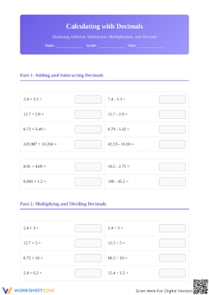 Printable Decimals Operations Worksheet | Grade 5 Math