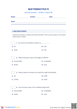 Grade 5 Decimals — Printable No-Prep Written Output Test