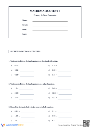 Printable Decimal Mastery Test | Grade 5-6 Math Aligned