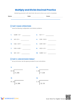 Essential Decimals Worksheet for Grades 6-8: Multiply & Divide