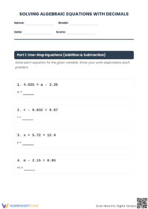 Essential Algebraic Equations with Decimals | Grade 6 Math