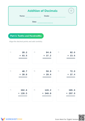 Printable Addition of Decimals Practice | Grades 4-7