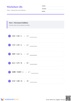 Printable Add Decimals Worksheet | Grade 5 Math Essential