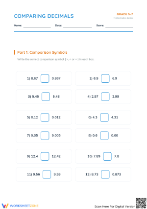Printable Comparing and Ordering Decimals Worksheet, Grade 5