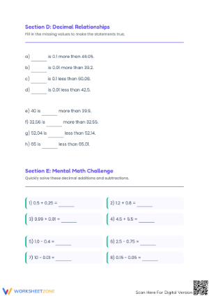 Grade 4 Decimals Practice: Essential Mental Math Worksheet