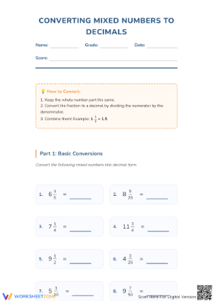 Mixed Number to Decimal Worksheet | Grade 4 Aligned