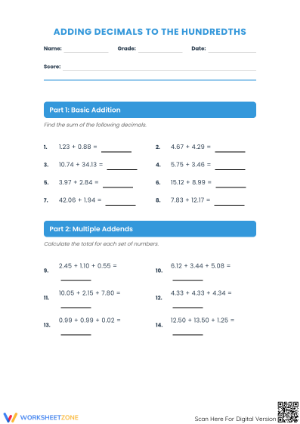 Adding Decimals to Hundredths Worksheet | Printable Ready
