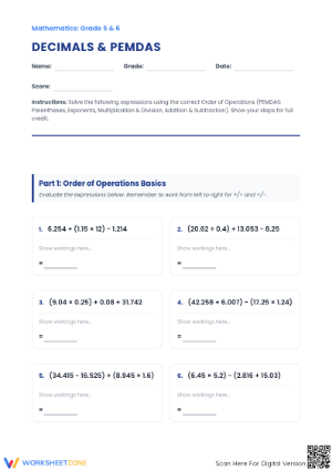 Essential Decimal Order of Operations (PEMDAS) Math Worksheets