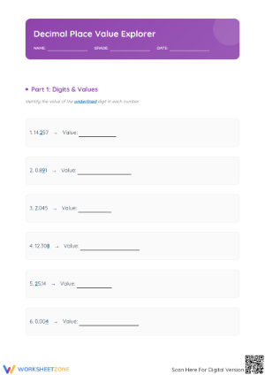 Decimal Place Value Worksheet | Grade 5 Printable