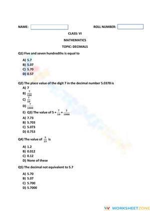  Decimals Practice Worksheet with MCQs