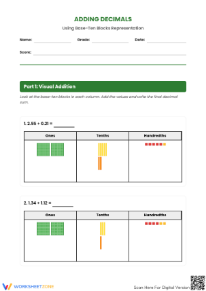Decimal Addition: Base-Ten Block Worksheet | Grade 5 Ready