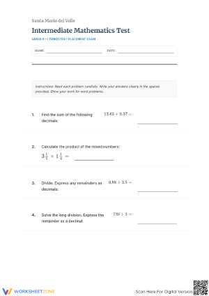 Intermediate Math Placement Test | Grade 6 Aligned