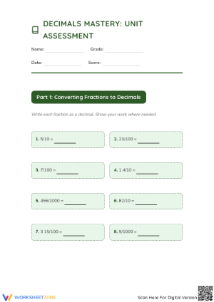 Printable Grade 4 Decimals Chapter 7 Mastery Worksheet