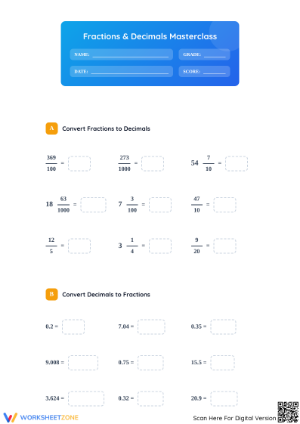 Essential Decimals to Fractions Worksheet | Grade 4-5 Math