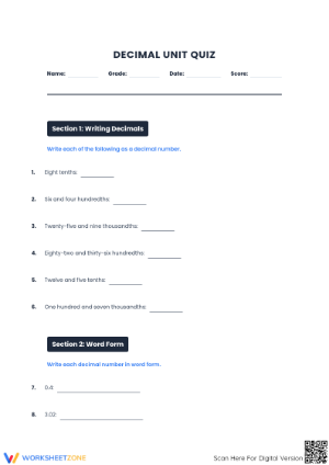 Printable Decimal Unit Quiz | Grade 5-9 Math Essential