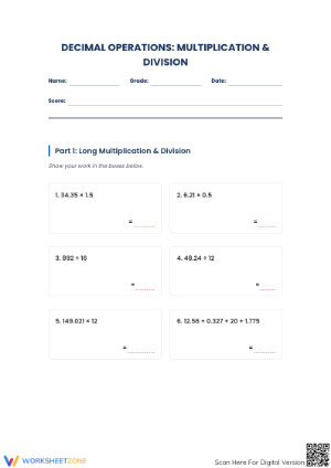 Grade 7 Decimals — Printable No-Prep Worksheet