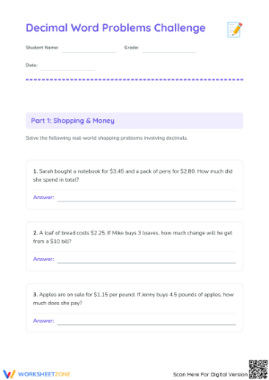 Decimal Word Problems & PEMDAS | Grade 5 Math Printable