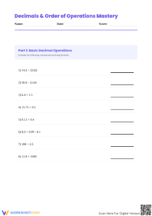 Printable Decimals and Order of Operations Mastery Worksheet