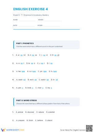 Printable Grade 6-7 English Grammar & Vocabulary Mastery