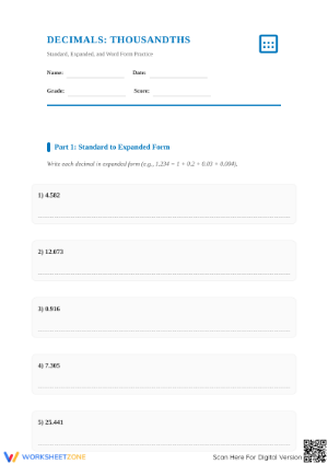 Essential Decimals to Thousandths Worksheet | Grade 4
