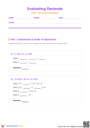Complete Evaluating Decimals Worksheet | Grade 6 Math