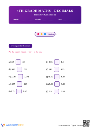 Grade 4 Decimals — Printable No-Prep Worksheet