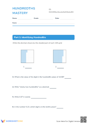 Printable Hundredths as Decimals Worksheet | Grade 4
