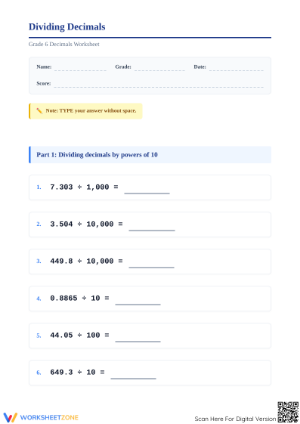 Printable Division of Decimals by Powers of 10 | Grade 5-7