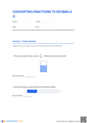 Printable Fractions to Decimals Worksheet | Grade 7 Math