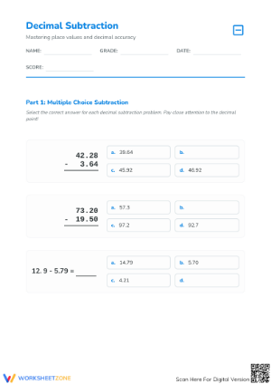 Printable Decimal Subtraction Worksheet | Grade 5-6 Math