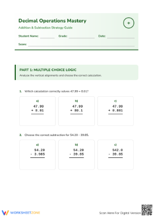 Grade 5 Decimal Addition & Subtraction Worksheet | Printable