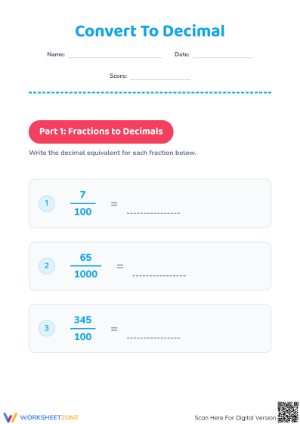 Printable Fractions to Decimals Worksheet | Grade 4 Math