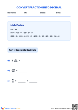 Printable Fraction to Decimal Worksheet | Grade 5 Math