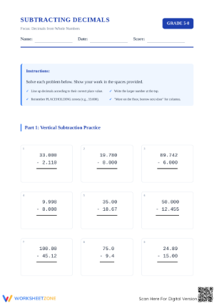 Printable Decimal Subtraction Worksheet | Grade 5 Math