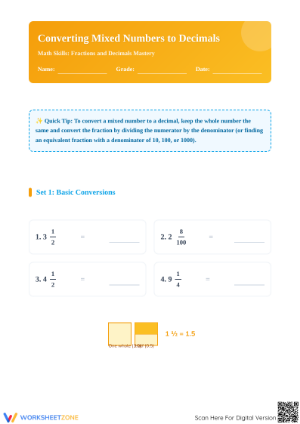Printable Mixed Numbers to Decimals Math Worksheet Grade 6-7