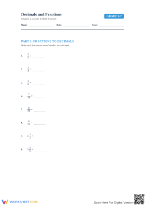 Essential Fractions and Decimals Worksheet | Grade 6-7 Math