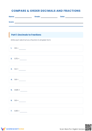 Essential Worksheet: Compare and Order Decimals & Fractions