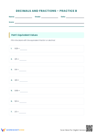Essential Decimal and Fraction Models Worksheet | Grade 4