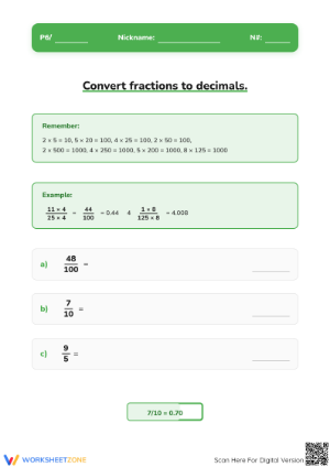 Printable Fraction to Decimal Worksheet | Grade 5 Math