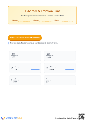 Essential Grade 5 Math: Convert Decimals to Fractions Worksheet