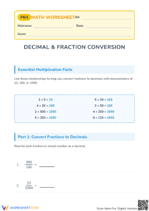 Essential Convert Decimal to Fraction Worksheet | Grade 5
