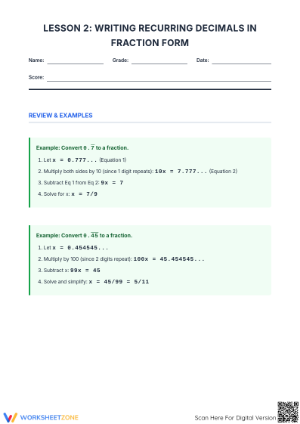 Printable Recurring Decimals to Fractions | Grade 8-10