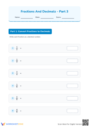 Grade 4 Printable Worksheet: Comparing Fractions and Decimals