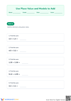 Printable Adding Decimals with Models | Grade 5 Math