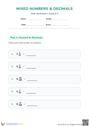 Mixed Numbers to Decimals | Grade 4 Printable Worksheet