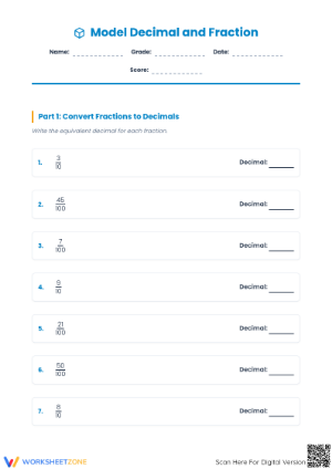 Printable Modeling Fractions & Decimals Worksheet | Grade 4