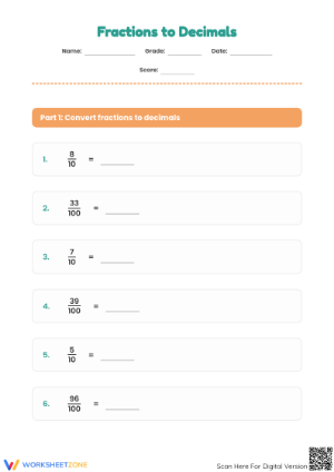 Essential Fractions to Decimals Worksheet | Grade 6-7 Math
