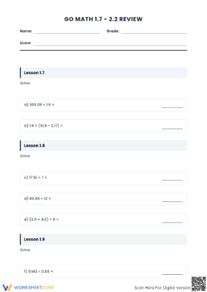 Go Math G6 Lesson 1.7-2.2 Review | Essential Math Worksheet